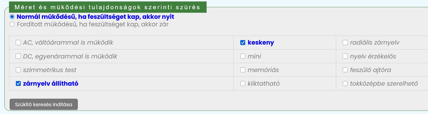 M�gnesz�r keres�s�e m�ret �s m�k�d�si tulajdons�gok szerin